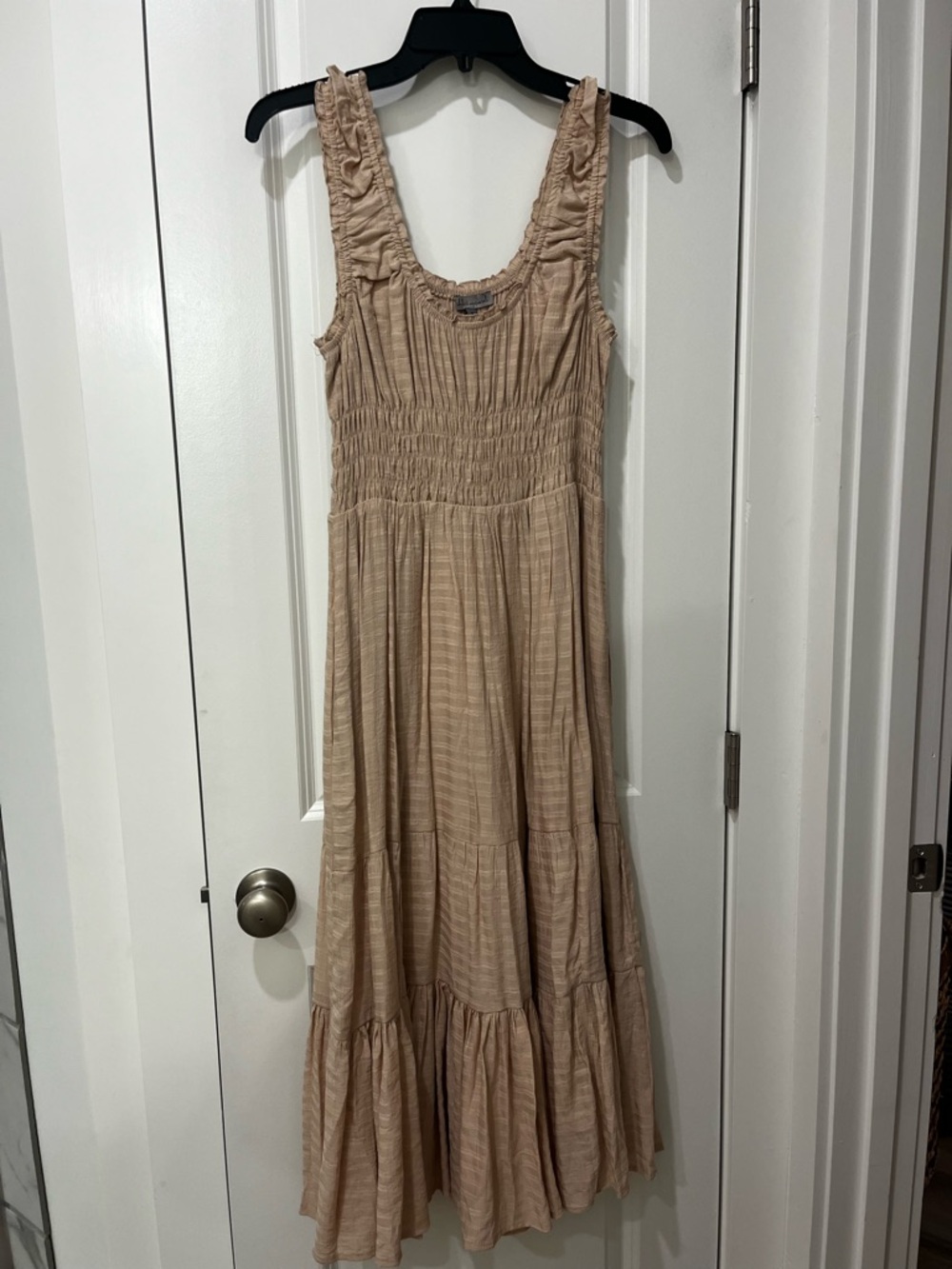 Smocked Sleeveless Maxi Dress in Beige